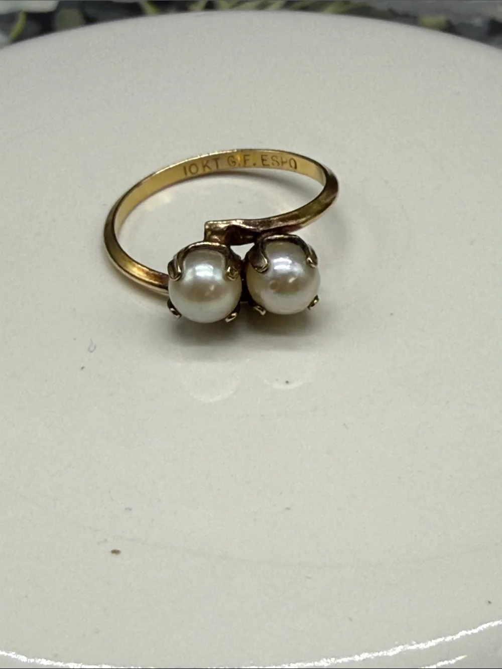 👑Vintage ESPO 10K Gold Filled Toi et Moi Bypass Pearl Ring Sz 8